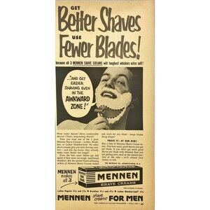 Mennen Shave Creams "Get Better Shaves; Use Fewer Blades!" Vintage Print Ad 1954